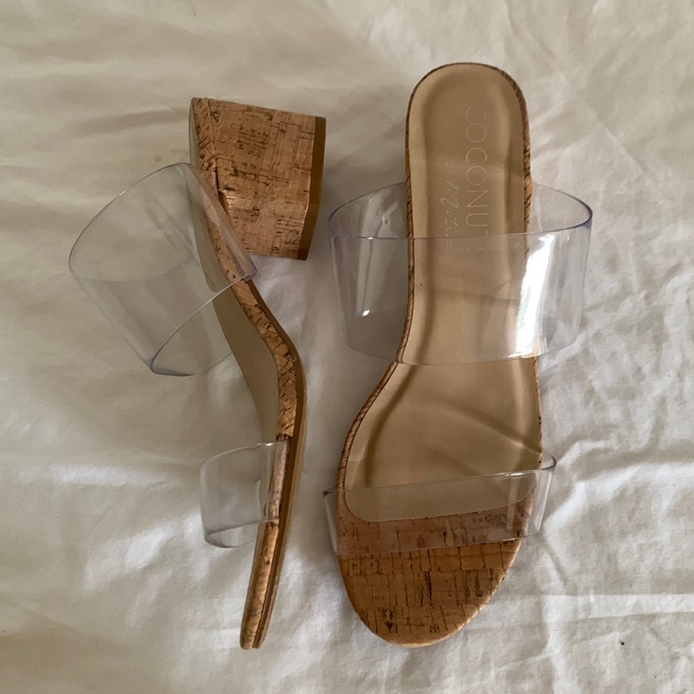 Clear straps, cork heels, size 8